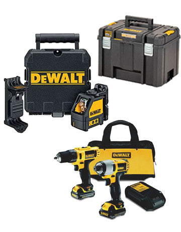 Set Dewalt: Taladro Atornillador + Atornillador de Impacto + Láser DW088K + Maletín Profundo + 2 Baterias 1,3 AH