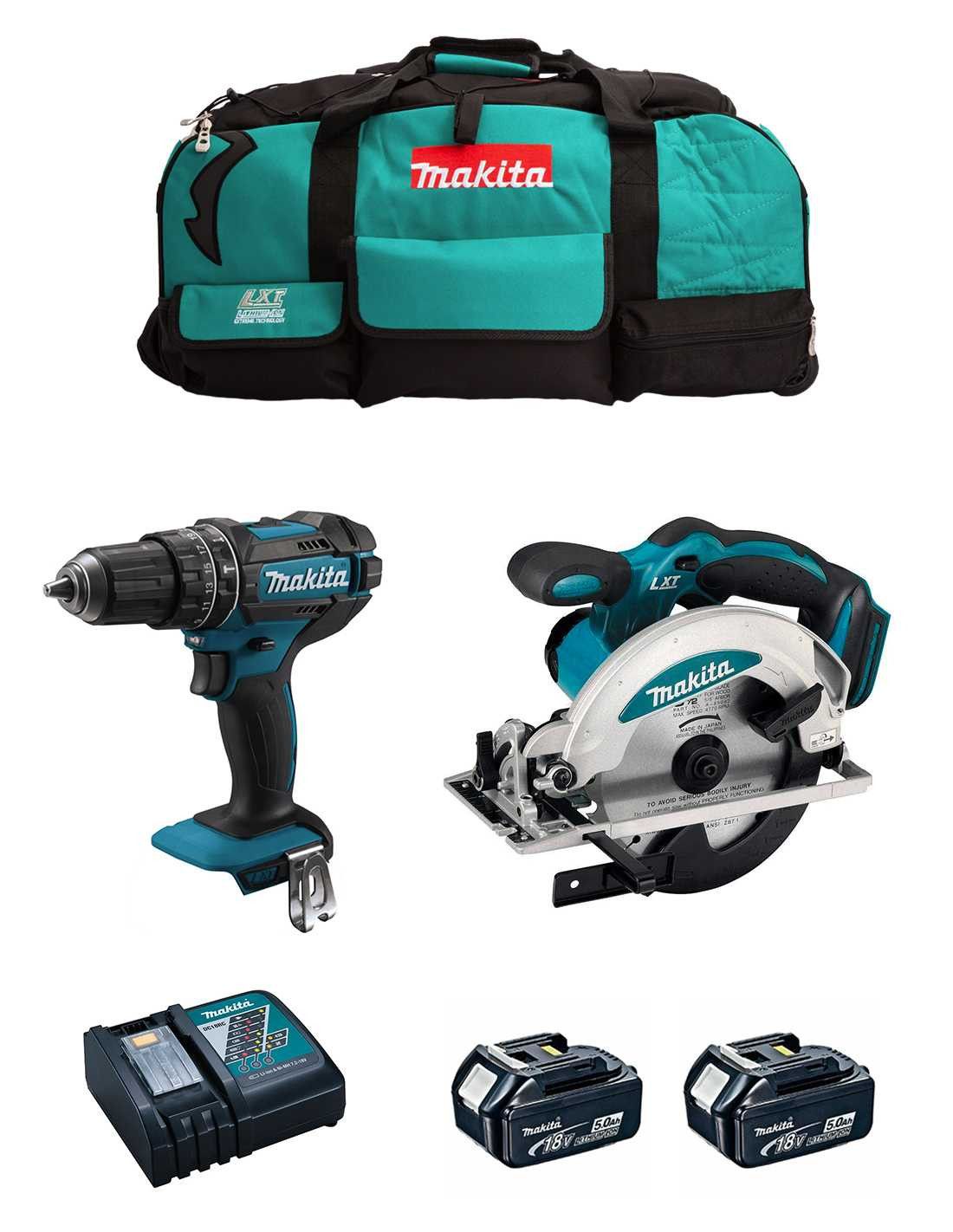 Kit Makita Taladro percutor DHP482 + Sierra Circular DSS610 + 2bat 5Ah + cargador + bolsa DLX2610BL2