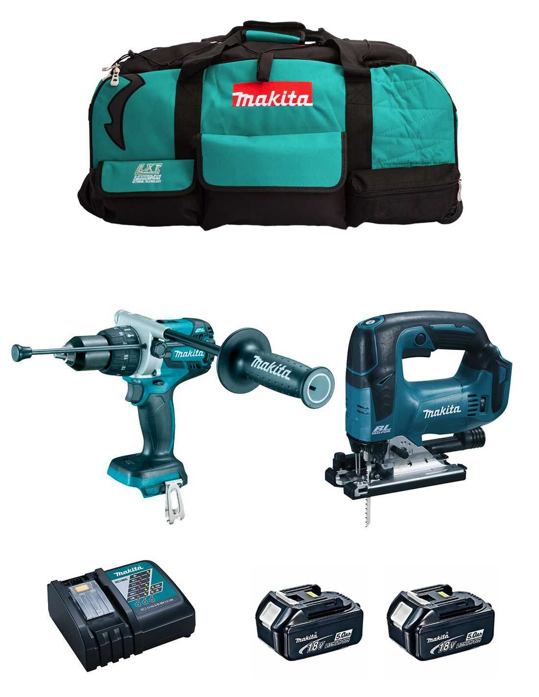 Makita DHP486 Hammer Drill Kit + DJV182 Jig Saw + 2bat 5Ah + charger + DLX2481BL2 bag