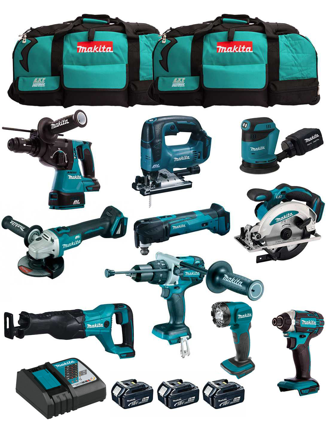 Makita kit with 10 tools + 3 bat + charger + 2 bags DLX1043BL3