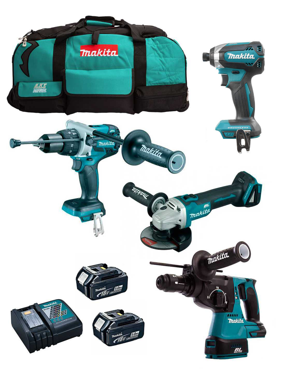 Makita kit 4 tools + 2bat 5Ah + charger + bag LXT600 DLX4243BL2