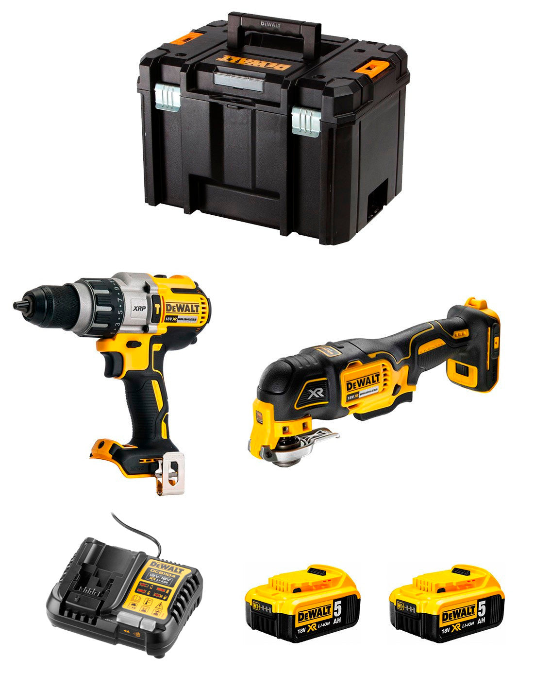 Kit Dewalt Taladro Percutor DCD996 + Multi-herramienta DCS356 + 2bat 5Ah + cargador + TSTAK VI DCK255P2