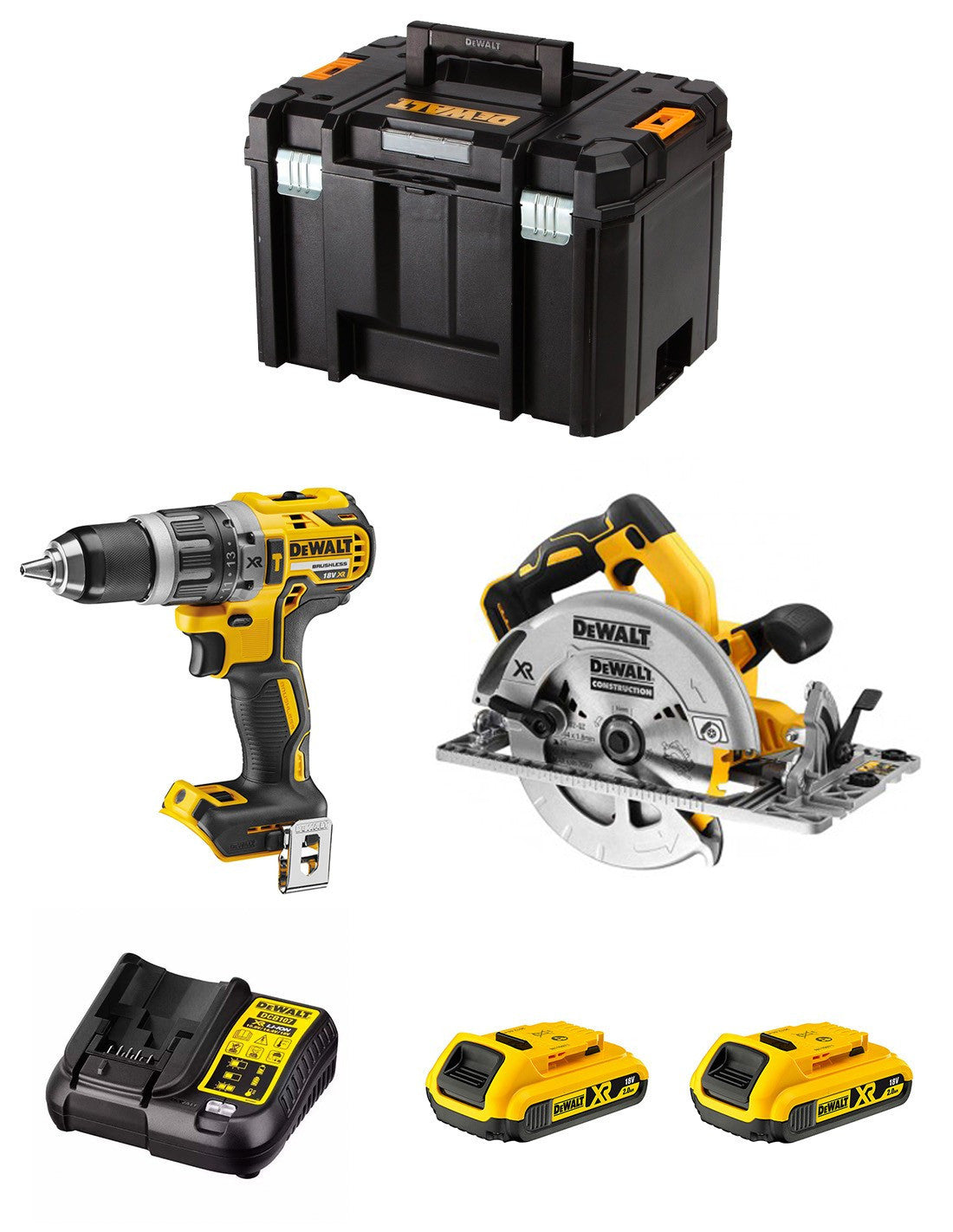 Kit Dewalt con Taladro percutor DCD796 + Sierra Circular DCS572 +  2bat 2Ah + DCB107 + TSTAK VI DCK270D2