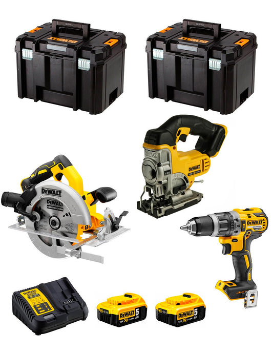 Dewalt Kit DCD796 Hammer Drill + DCS334 Jig Saw + DCS572 Circular Saw + 2bat 5Ah + Charger + 2xTSTAK VI DCK370P2