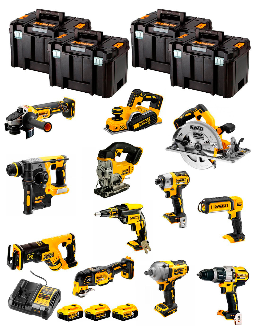 Kit Dewalt 12 herramientas + 3bat 5Ah + Cargador DCB1104 + 4xTSTAK DCK127P3