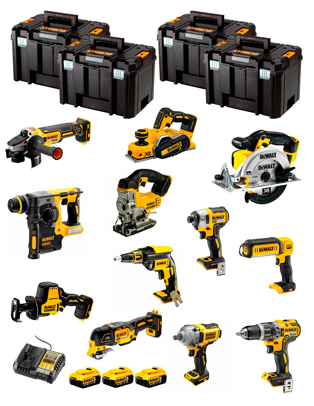 Kit Dewalt 12 herramientas + 3bat 5Ah + Cargador DCB1104 + 4xTSTAK DCK129P3
