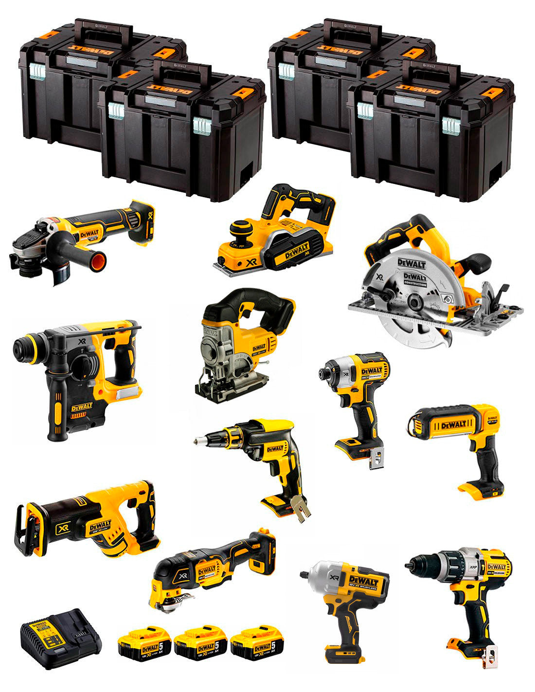 Dewalt Kit 12 tools + 3bat 5Ah + DCB115 Charger + 4xTSTAK DCK120P3