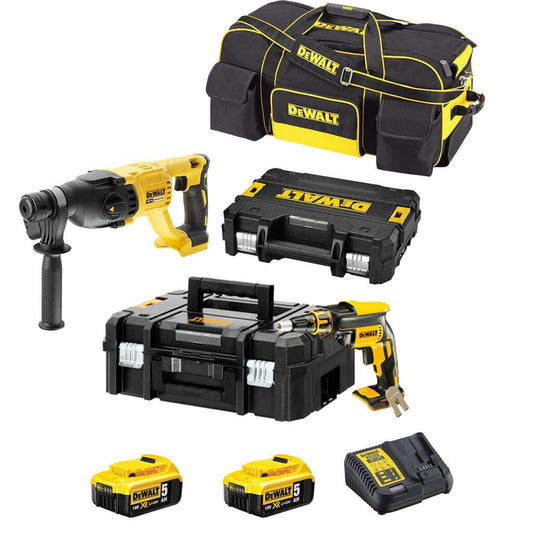 Plasterboard Combo: DCF620 Pladur Screwdriver + Dewalt DCH133 Light Hammer 2 5Ah 18V Batteries + Carrying Bag