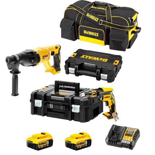 Plasterboard Combo: DCF620 Pladur Screwdriver + Dewalt DCH133 Light Hammer 2 5Ah 18V Batteries + Carrying Bag