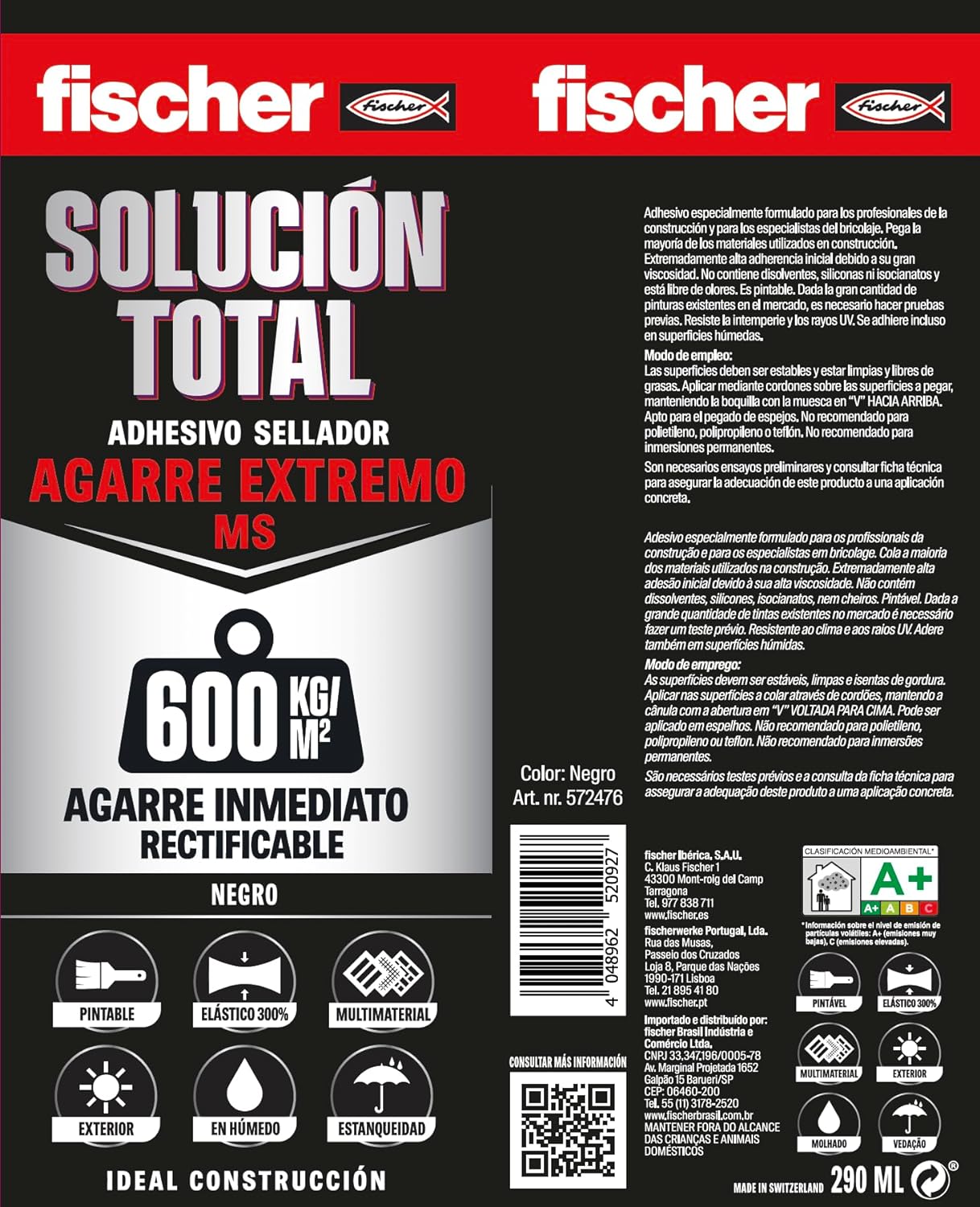 Fischer Sealant Adhesive Cartridge Total Solution Extreme Grip MS 290ml Black