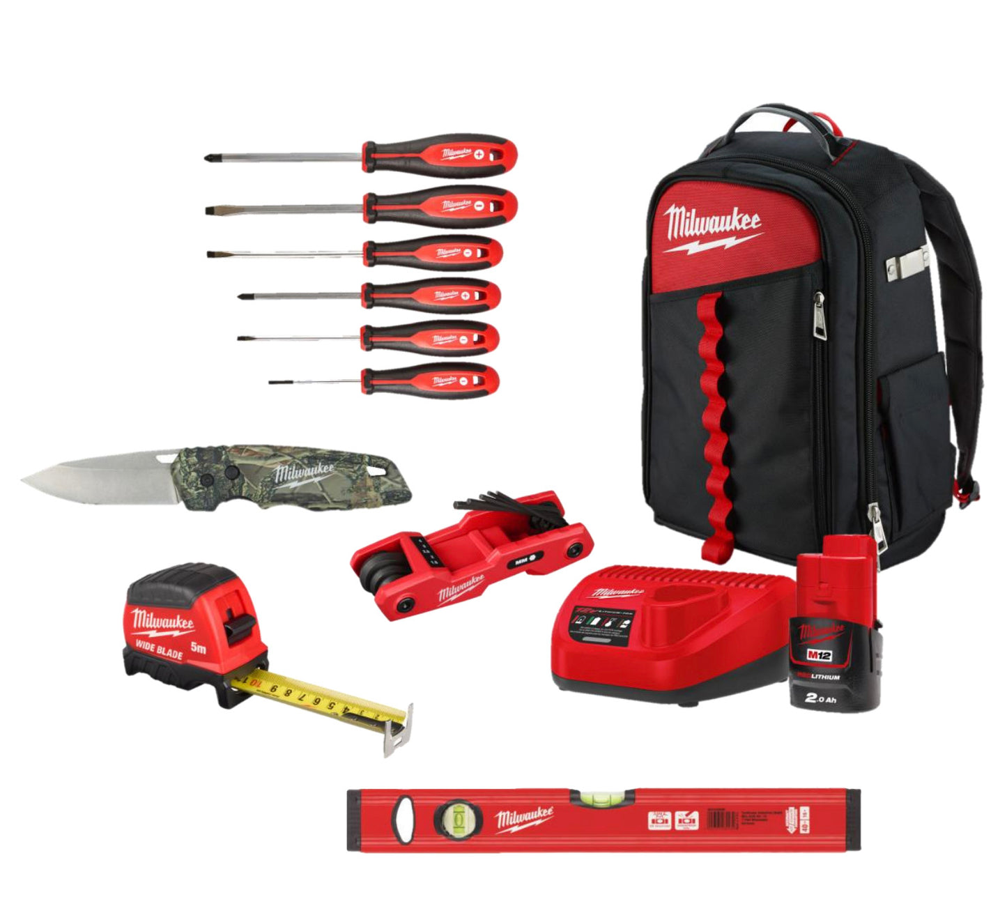 Special set with hand tools + charger + battery + Milwaukee Jobsite backpack