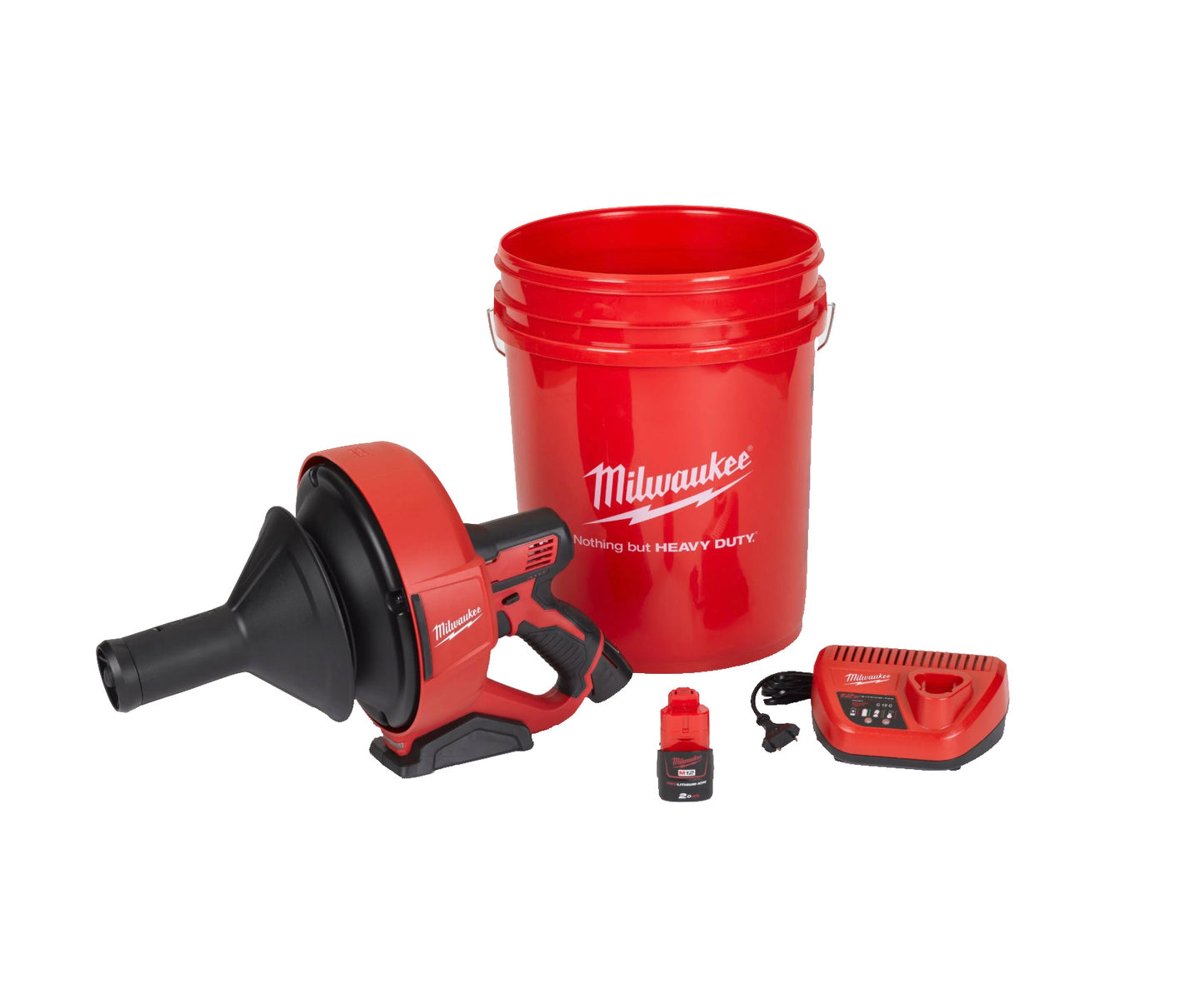 Milwaukee M12 BDC8-202C 8mm Spiral Drain Cleaner + 2 2Ah Bat + Charger + Transport Bucket