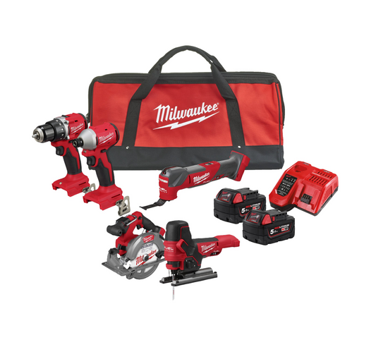 Powerpack 5 tools + 2 5Ah batteries + Charger + Milwaukee M18 Bag BLCPP5A-502B