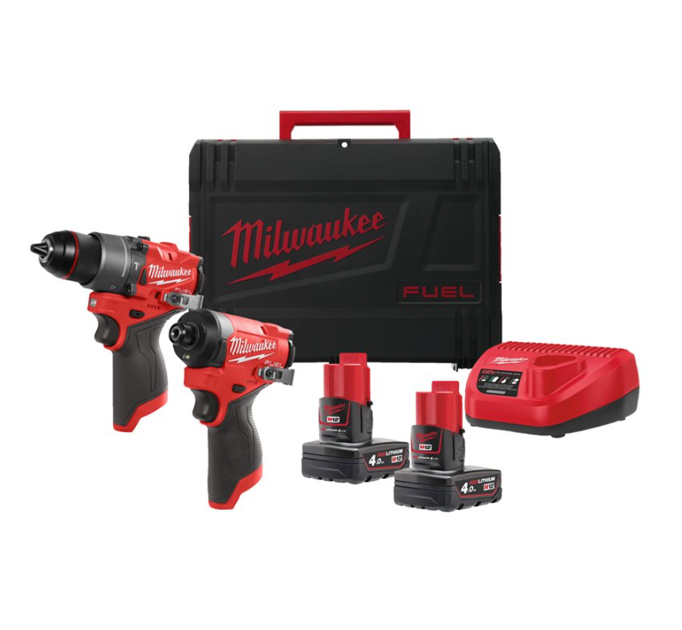 Milwaukee M12 FPP2A2-402X Power Pack: Impact Drill + Impact Driver + 2 × 4.0 Ah Batteries + Charger + Case