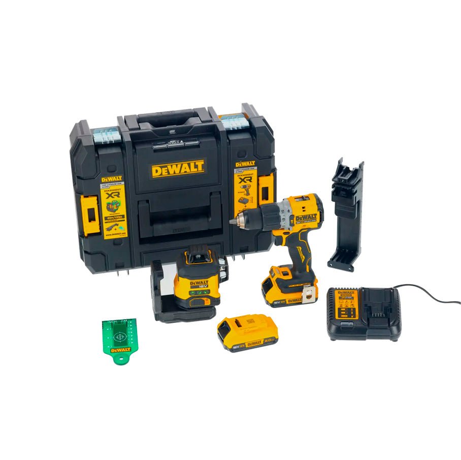 Green 3-line 360° XR 18V Laser Level Kit + XR 18V Hammer Drill + 2× 2Ah Batteries + Charger + Case Dewalt DCLE34031N