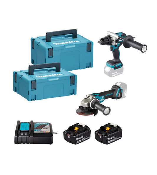 Combo 18V Taladro DHP492 + Amoladora DGA504 + 2 bat 5Ah + Cargador + Maletines Makita DLX2552TJ