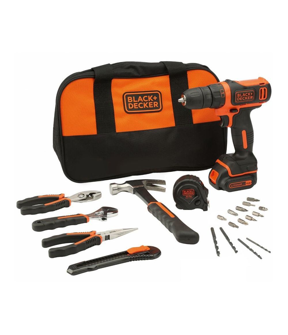 BLACK + DECKER BDCDD12HTSA - TALADRO ATORNILLADOR COMPACTO 10,8V 1,5Ah CON 6 HERRAMIENTAS Y 14 ACCESORIOS Y BOLSA DE TRANSPORTE